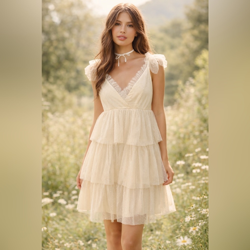 Heyson Off White Swiss Dot Babydoll Dress Ruffle Tiered Coquette Balletcore L